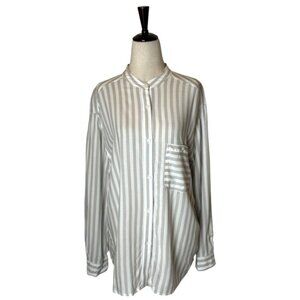 Rails Shirt Women‎ Large Ivory Tan Stripe Rayon Crew Neck Button Down Blouse